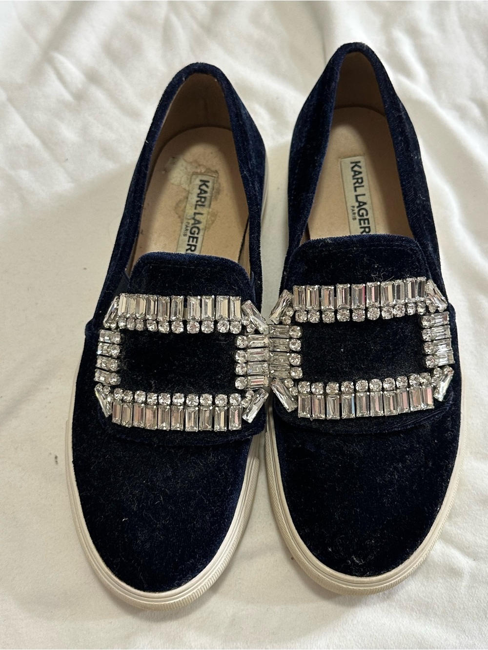 Karl Lagerfeld Navy Velvet Slip-On Loafers with Crystal Buckle